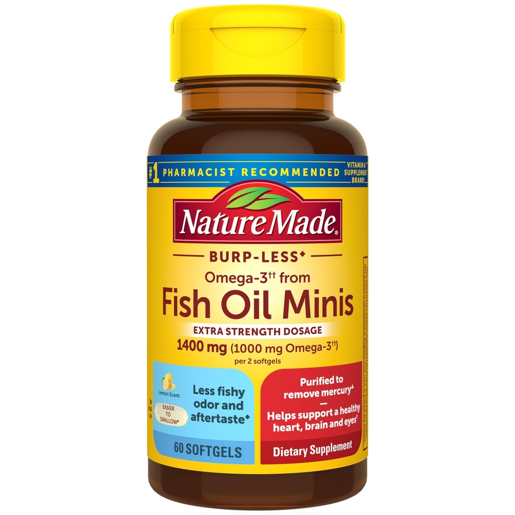 Nature Made Power Burp Extra Oil Omega 3 Suplemen 1400 mg Minis, Omega 3 Fish Oil sebagai Ethyl Esters untuk Heally Heart Brain Eyes Dukungan, 60 Softgels, 30 Hari Suppply
