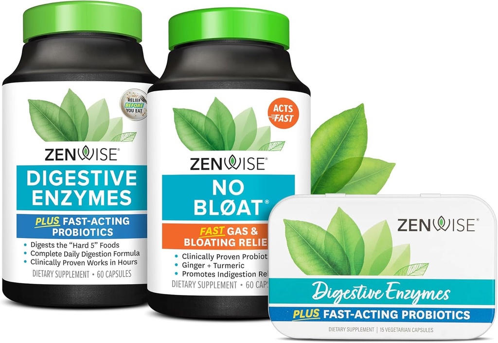 Zenwise Health Bliss Bundle Digetical Enzymes + No Bloat + Free Travel Tin - pra dan Post Meal Digetical Routine dengan enzim dan progories untuk Ditraffic