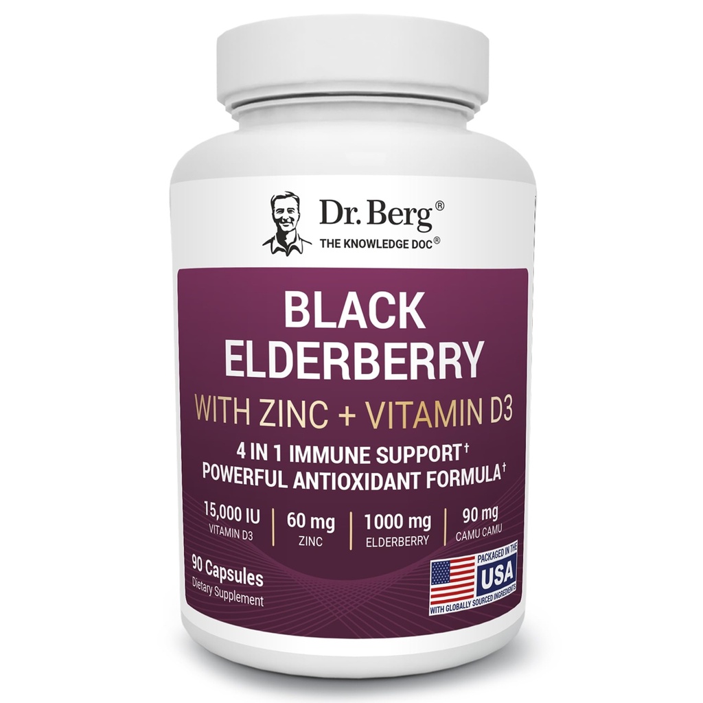 Dr. Berg Black Elderberry Capsules (Advanced Ammune Support *) dengan 15.000 IU Vitamin D, 60 mg dari Zinc, & 90 mg of Camu Camu - (4-in-1) Sambucus Elderberry Immune Support Suplemen - 90 Capsules