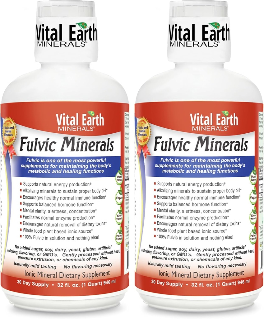 Vital Earth Minereal Fulvic Mineral Liquid - Fulvic Acid Suplement with 70 + Trace Minetrace, Electrolites for Energy & Vitalitas, 32 Oz Ea + 1 Oz Cup