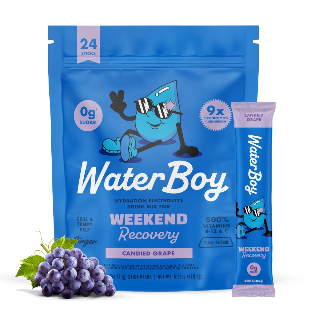 Waterboy Recovery Weekend 124; 3.187mg Electrolite Pawgets: 124; Ginger + L-Theanine + Vitamin 124; No Sugar, All Natural, Gluten Free Appets 124; 24 Drum Stick Mixes (Grape)