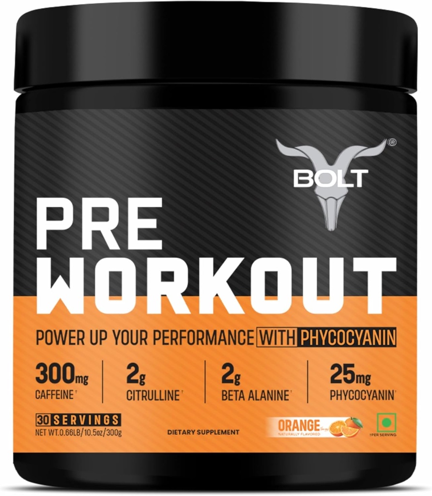 Bolt Pre Workout Supplement with Caffeine, Citrulline Malate, B-Alanine, Taurine 124; Explosive Energy, Pompa & Focus 124; 300g, 30 Pelayan 12.4; Tangy Orange