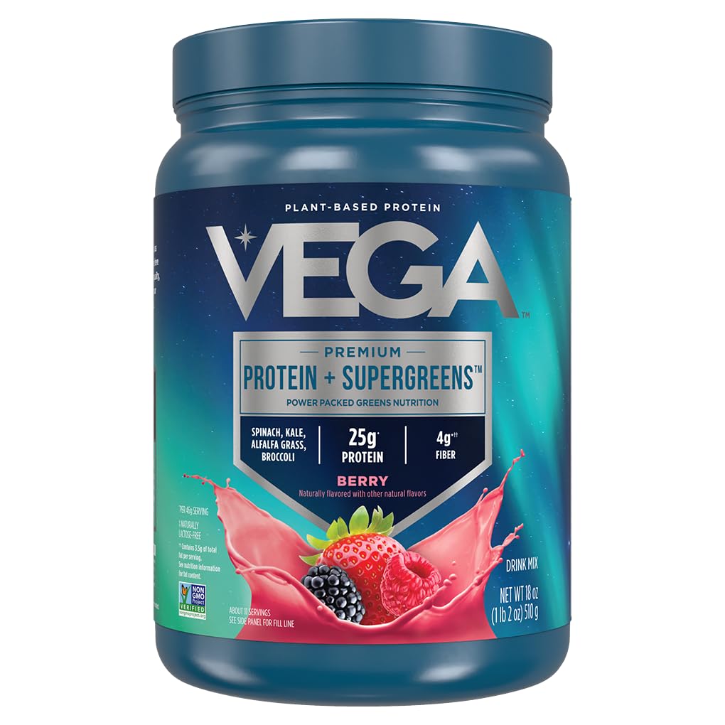 Vega Protein dan Hijau Powder Campuran Berry (11 Pelayan) 25g Tanaman berbasis Protein Plus Vegan, Vegan, Non-GMO, Pea Protein untuk Perempuan dan Pria, 1.2lbs