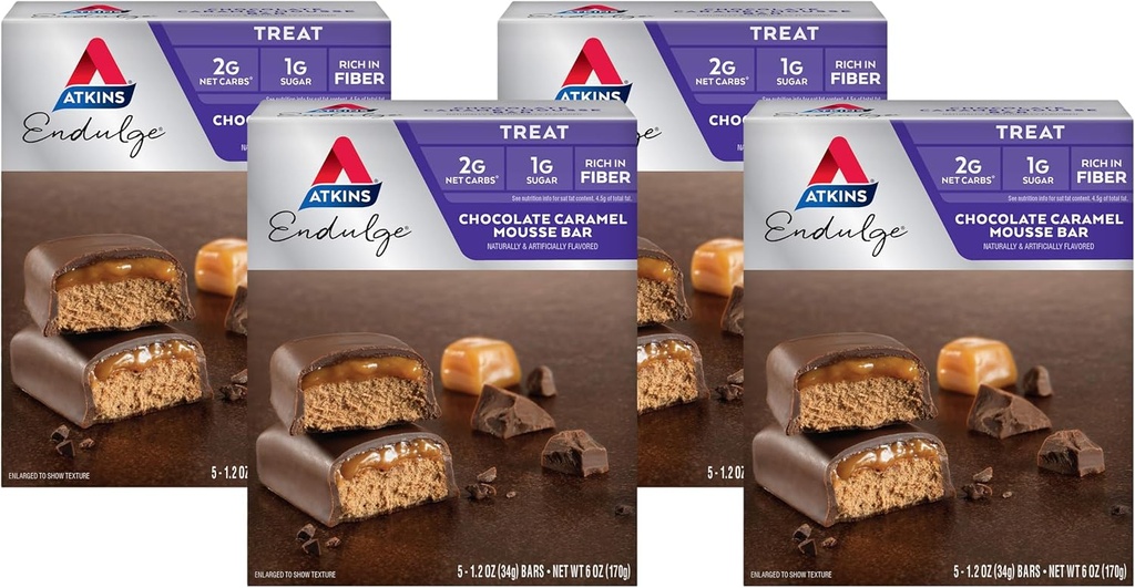 Atkins Endulge Chocolate Caramel Mousse Bar, Favorit Dessert, 1g Sugar, High in Fiber, 5 Count (Paket 4)