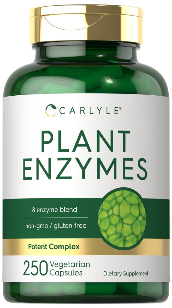 Carlyle Plant Enzymes dengan Protease, Papain, Lactase dan Bromelain 124; 250 Capsules 14; Multi Enzyme Blend 126; Non-GMO & Gluten Free Suplemen