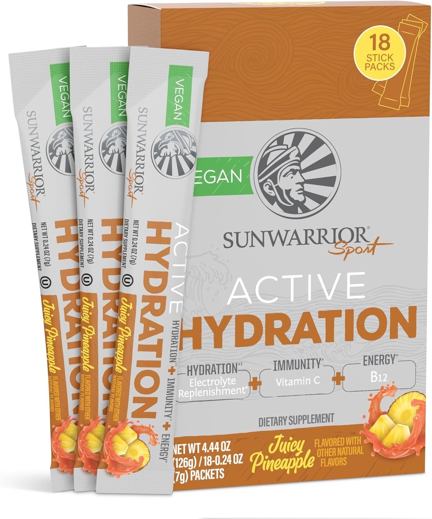 Sunwarder Hydration Powder Electrolyte Pawder B12 Elderberry 124; Juicy Pineapple Flavored 18 Stick Packs 126g Pouch 124; Vegan dan Pembangkit Sugar Free