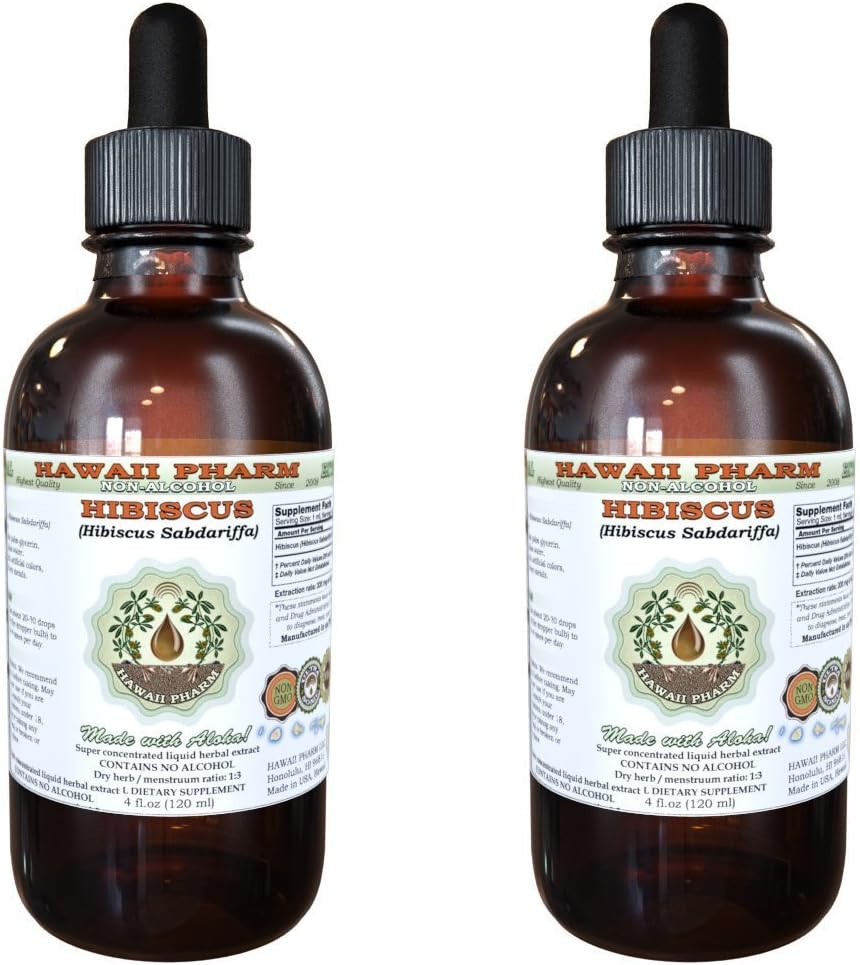 Hibiscus Alcohol- Free Liquid Extract, Organic Hibiscus (Hibiscus Sabariffa) Dry Flower Glycerite Hawaii Pharm Natural Herbal Supplemen 2x4 oz