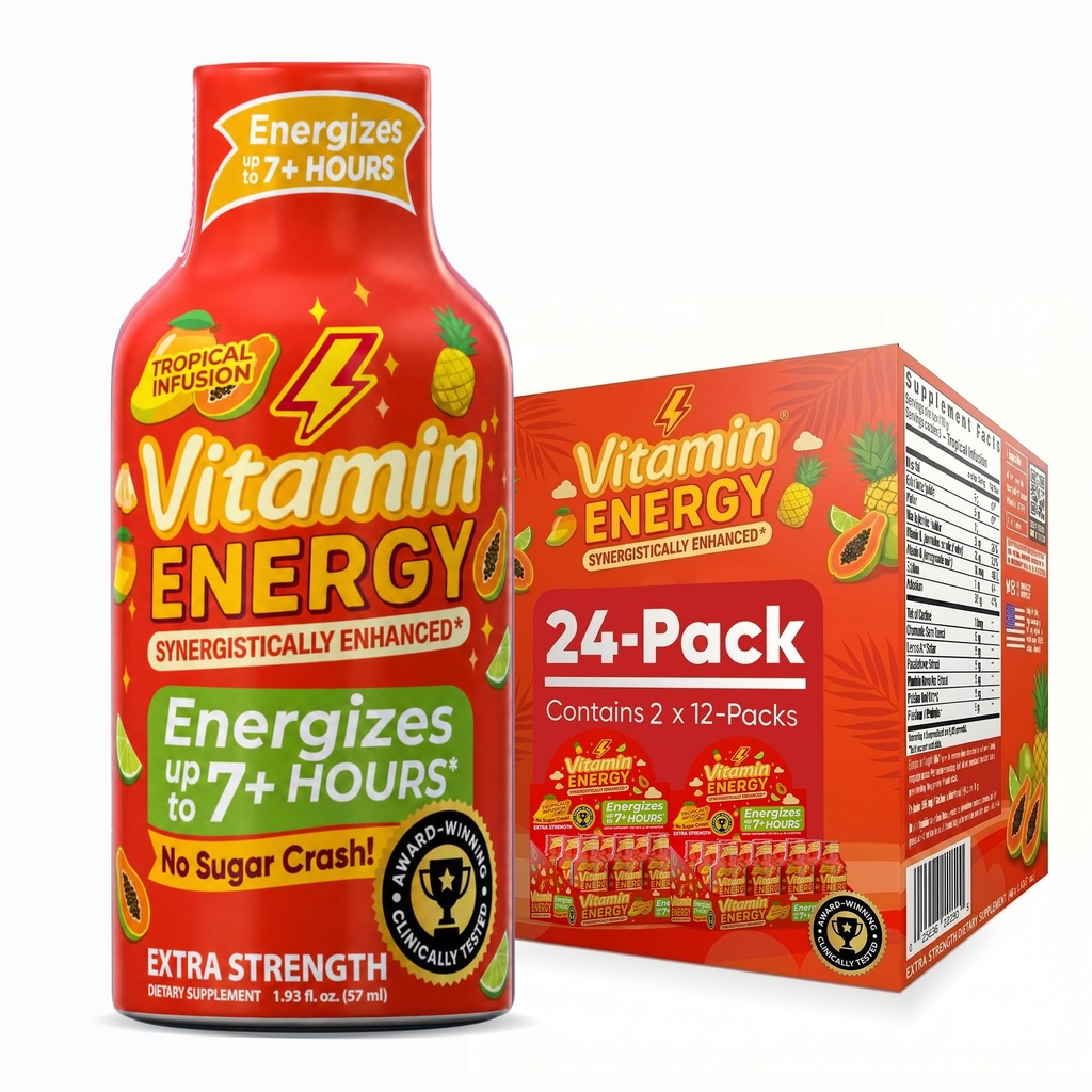 Vitamin Energy Focus + Extra Energy Shot Tropical Infusion 24 Pack, 260mg Natural Caffeine, B-Vitamin, CoQ10, Amino Acids, Focus, Produtivitas & Clarity, Zero Sugar, Gluten-Free, 1.93 fl oz