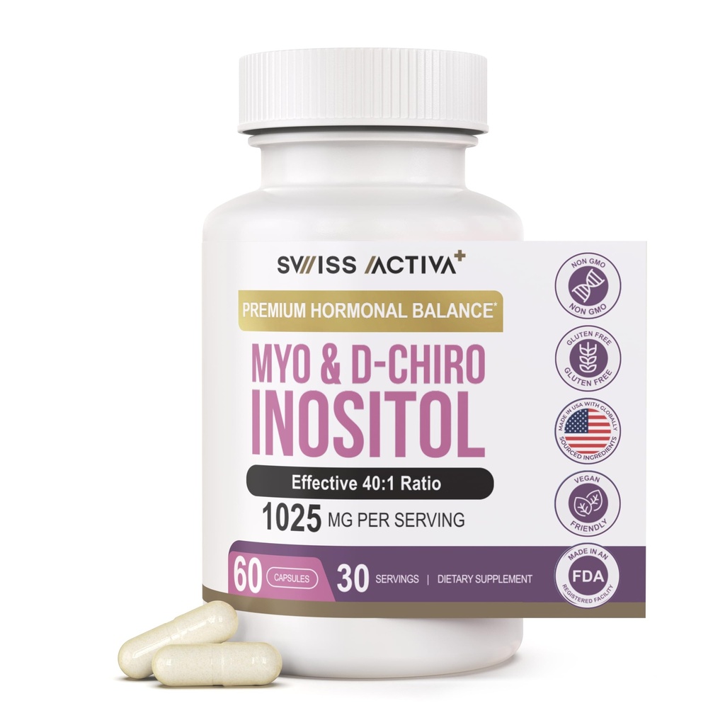 Aktiva Swiss + Lab Myo Inositol Suplemen & D-Chiro Inositol Suplemen - Premium Hormone Keseimbangan Perempuan & PCOS - Regulasi Siklus Menstrual - Dukungan Ovarian - 30 Hari Suppply