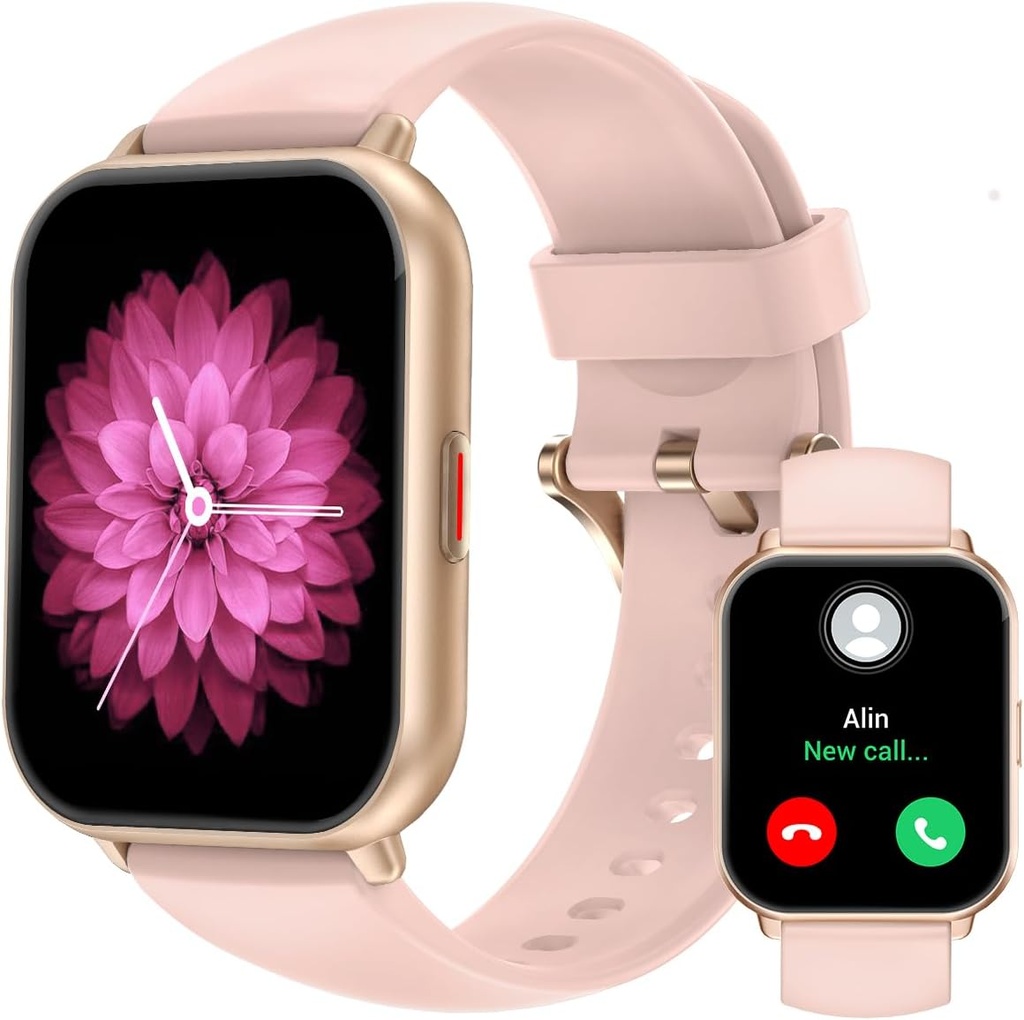 RUIMEN Smart Watches for Men Women (Jawaban / Membuat Calls, 2 Bands disertakan), 1.8 "Smartwatch for iOS / Android Phones, Fitness Tracker Heart Rate / Sleep Monitor Digital Watch Waterproof Pink