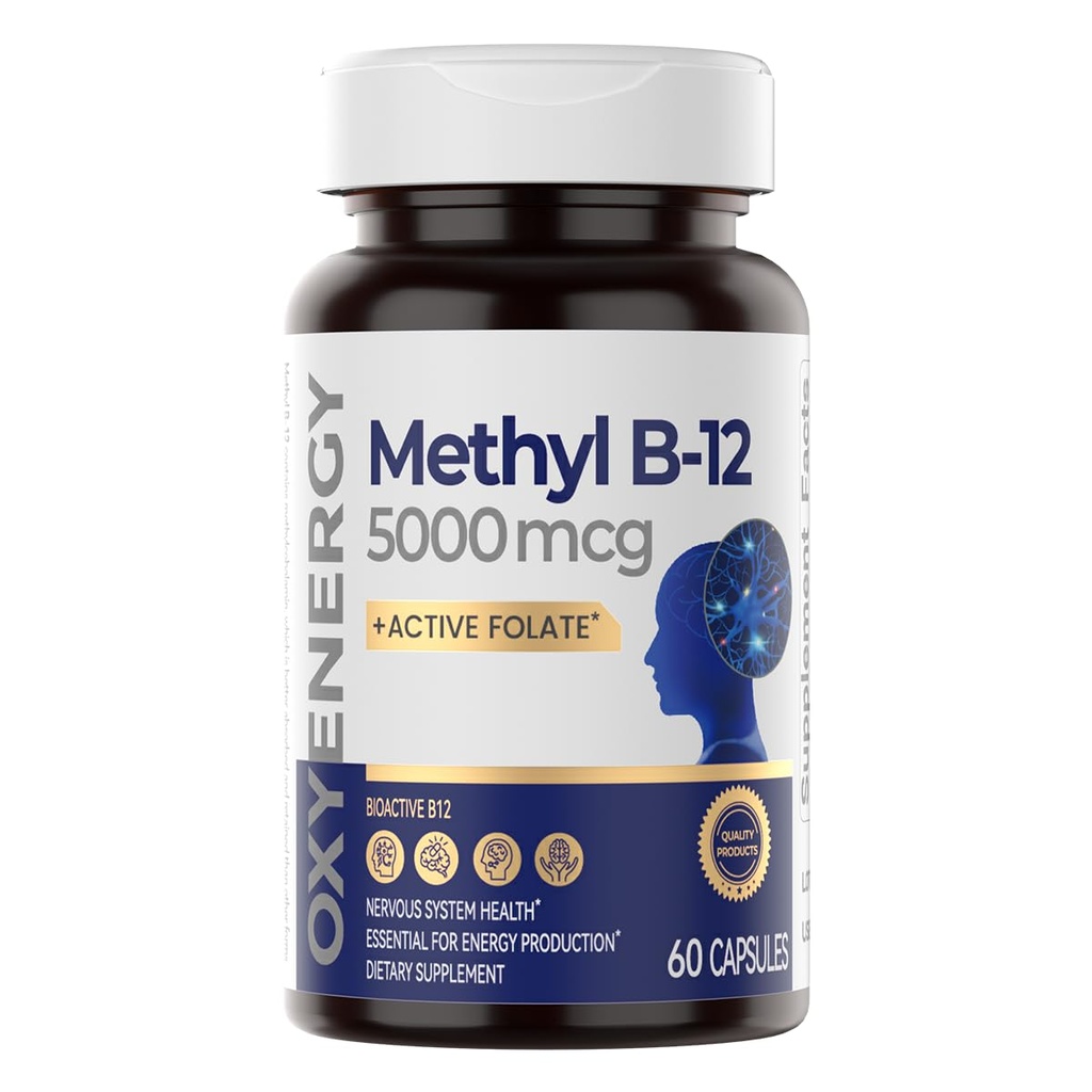 Metode OxyEnergy Metyl B12 5000mcg, Ekstra Methylcobalamin B-12 Suplemen dengan Folate, Dukungan Nerves, Energi Metabolisme & Kognitive, 60 Capsules