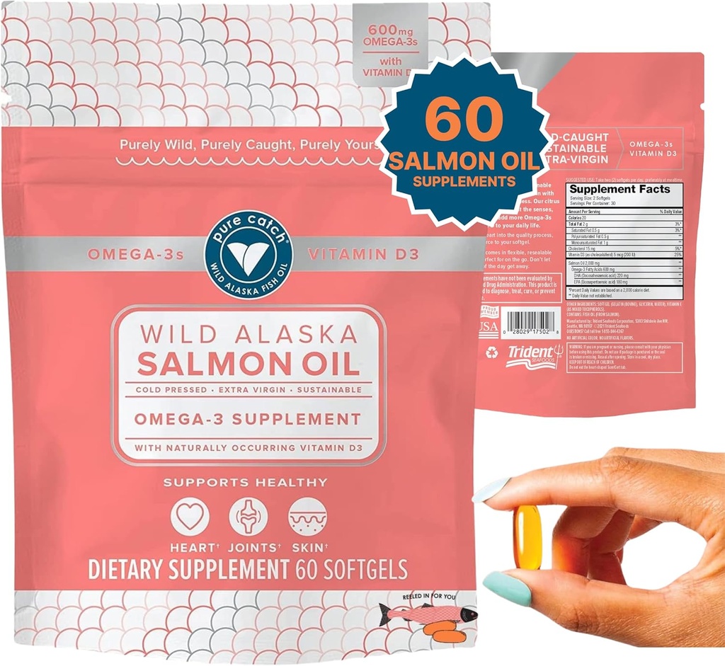 Trident Seafood Pure Catch Wild Alaska Fish Oil for Women + Vitamin D3 - Omega- 3 Salmon Fish Oil Suplement - EPA dan DHA - 60 Count Daily Citrus Soft Geel - Gabungan Dukungan, Skin, dan Heart Health