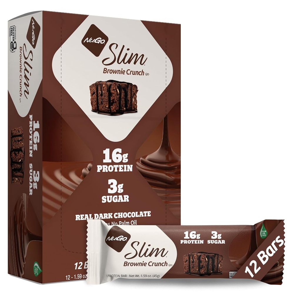 Nugo Slim Dark Chocolate Brownie Crunch, 16g Protein Bar, Gluten Free, Non- GMO, Kosher, Keto Friendly, Low Carb, 12 Count