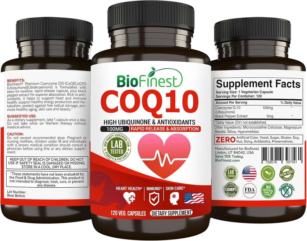 BioFinest CoQ10 Koenzim Q10 100mg Supplemen - Rapid Lepaskan Absorpsi Cepat - Anti-Energi Hati Imune (120caps)