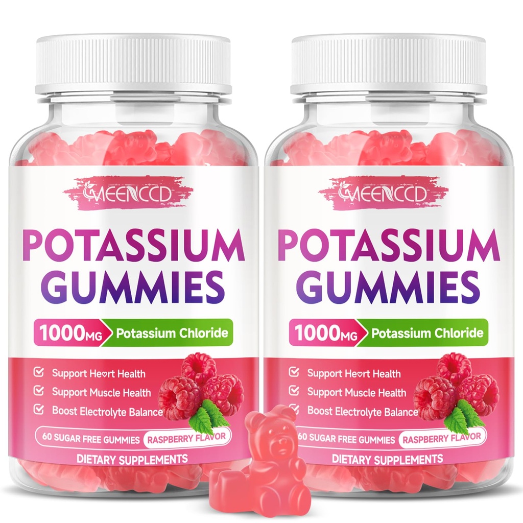 2 Pack Potasium Gummies, Potasium Chloride 10000mg untuk Dewasa, Sugar- Free Potasium Gummies Dukungan Keseimbangan Electrolite & Kaki Kuram Perempuan & Pria, Raspberry Flavor, 120 Cacah