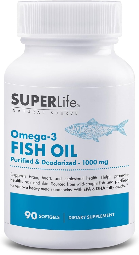 Omega-3 Minyak Ikan - 1000 mg Purified & Deodorised dari Wild Caught Fish dengan EPA & DHA Fatty Acids 124; Pendukung Jantung, Otak, Rambut & Skin Kesehatan 124; Tambahan - 90 Softgeels