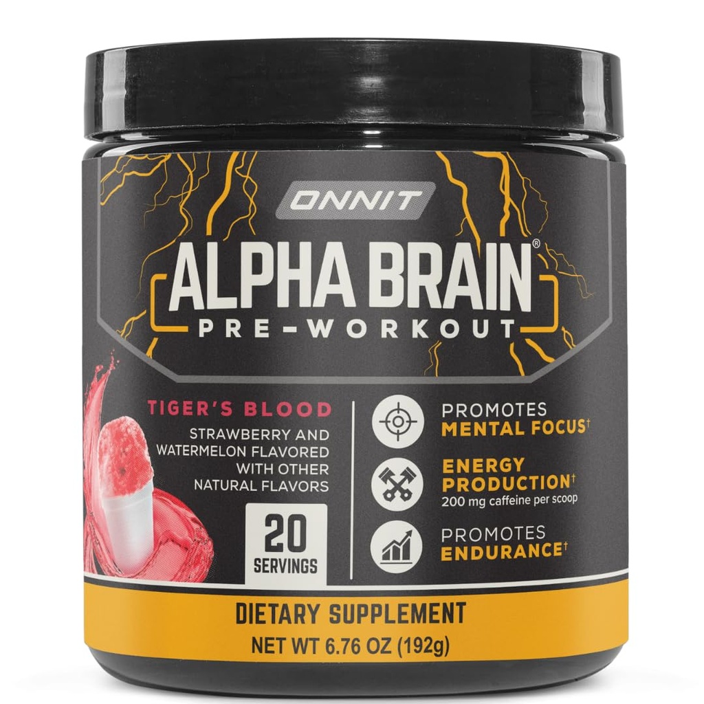 ONNIT Alpha Brain Pre-Workout Powder, IGEN ™ None-GMO Diuji, Tiger 's Blood Flavor, Pre- Workout Suplemen Perempuan dan Pria, Tambahan Diet, 20 Pelayan per Tub, 6.76 oz