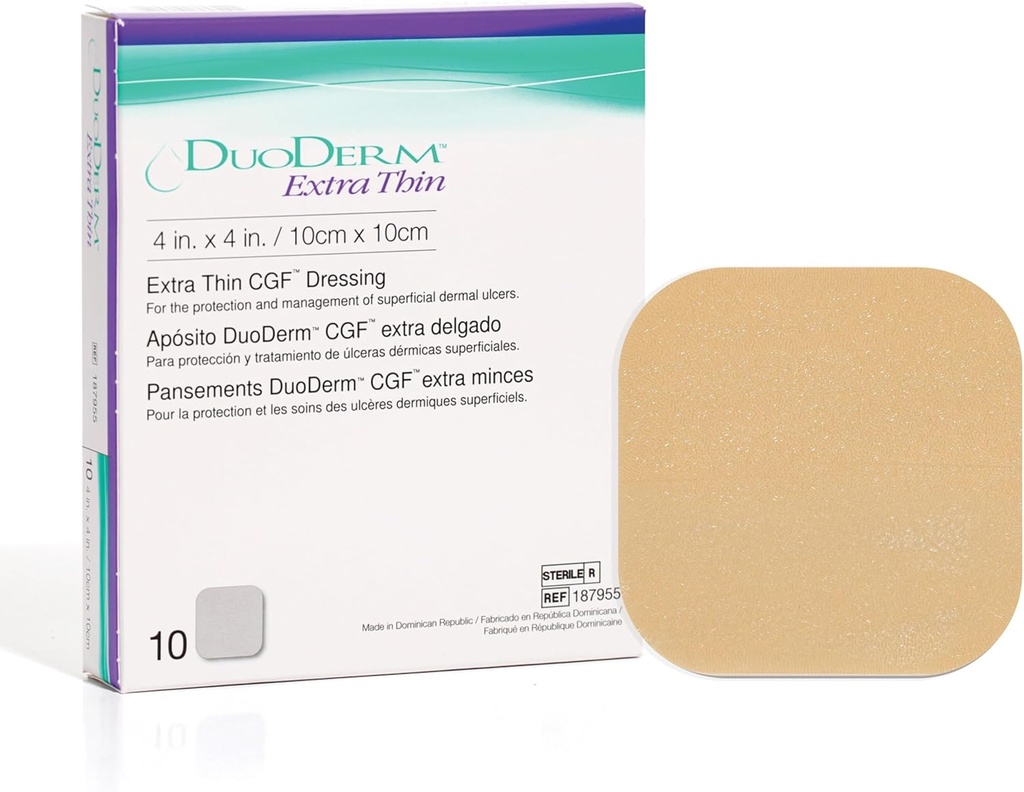 ConvaTec DuoDERM Extra Thin Control Gel Formula 4 "x4" Hydrocolloid Steriele Adhesive Dressing for Supervient Wounds, Low Friction, Latex-Free, Waterproof, Square, Beige, 10ct Box
