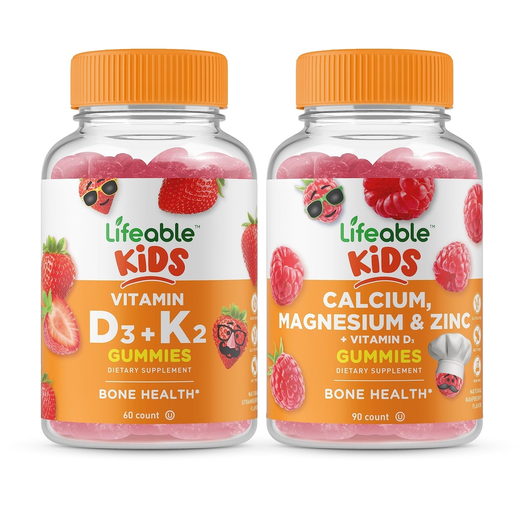 Lifeable Vitamin D3 + Vitamin K2 Kids + Kalsium Magnesium & Zinc Kids, Gummies Bundle - Great Tasting, Vitamin Supplemen, Gluten Bebas, GMO Bebas, Gummy