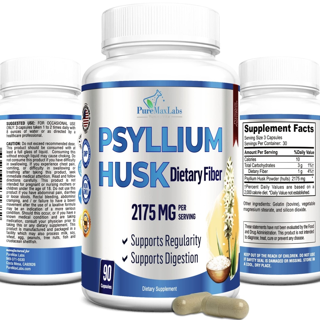 Psyllium Husk Dietary Fiber Suplemen 2175mg, Non- GMO, 90 Kapsul