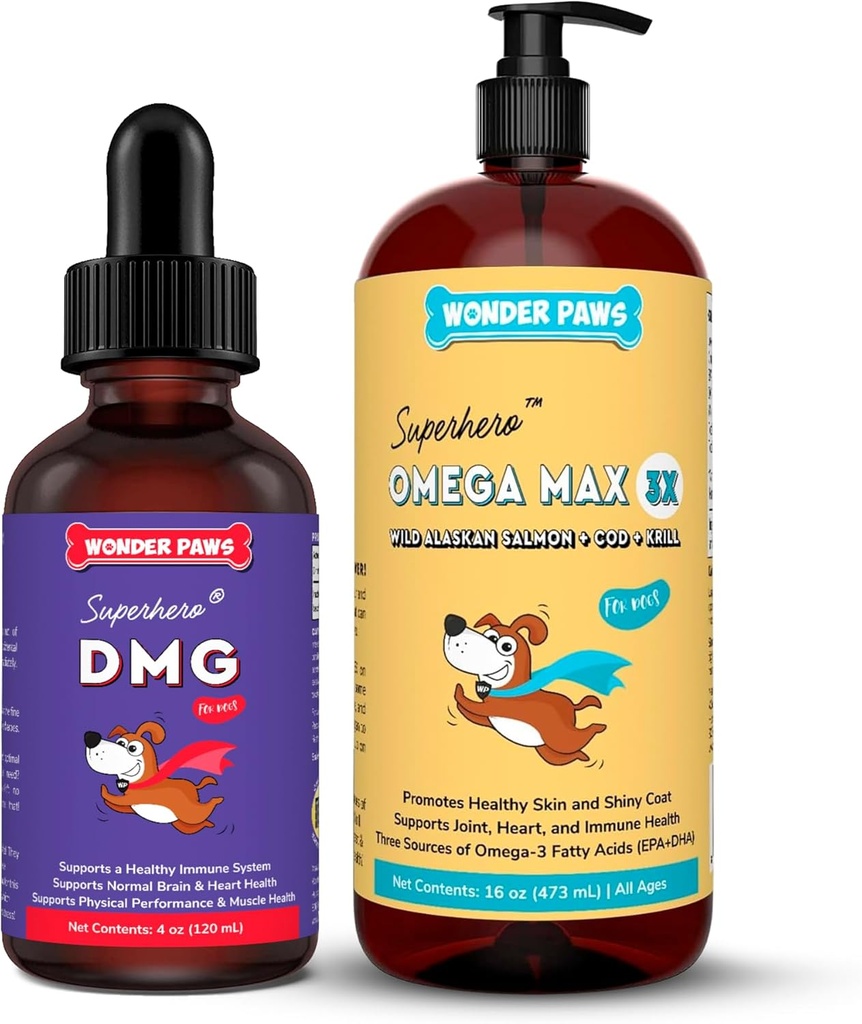 WONDER PAWS Premium DMG Liquid Plus Omega Max Fish Oil - untuk Dukungan Imune Dog, Skin, Allergies, Joint Care & Overall Health - DMG 4 Ounces - Omega Max 16 Ounces