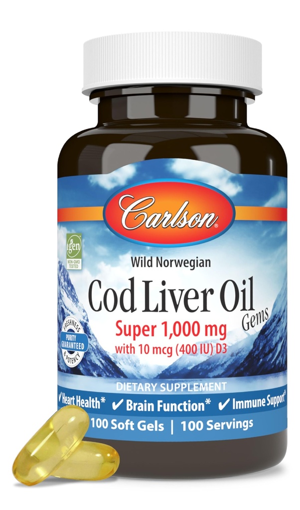 Carlson - Cod Liver Oil, Super 1000 mg + Vitamin A & D3, Wild Norwegia, Sustainably Sourdered, 100 Softgels