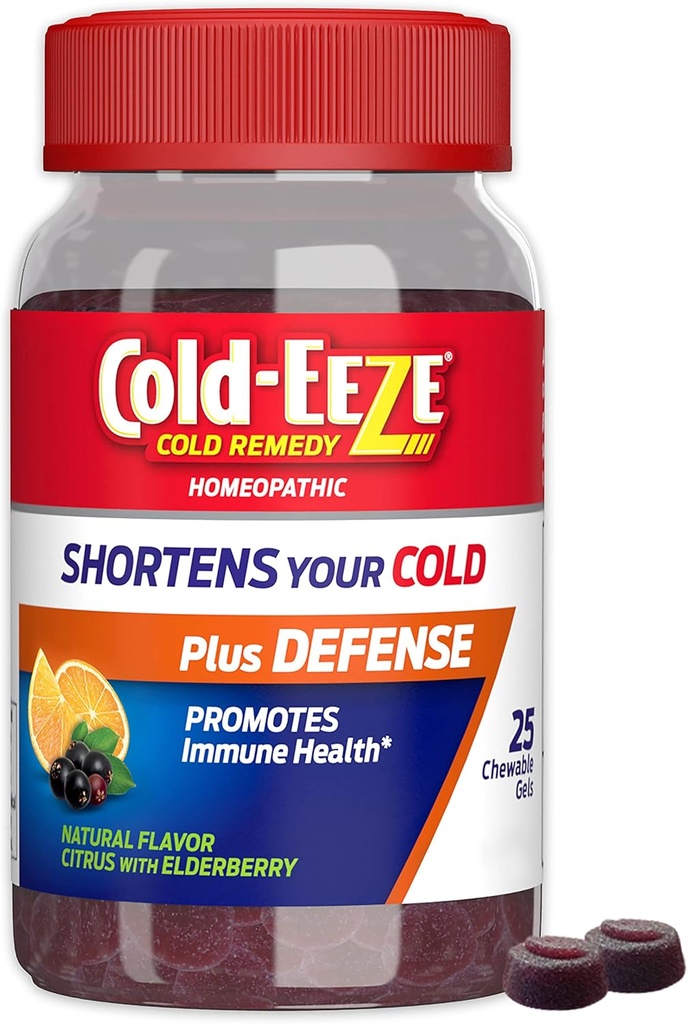 Cold-EEZE Plus Defense Natural Citrus & Elderberry Zinc Chewable Gels, Homepathic Cold Remdy, Shortens Common Cold Sympitics, Promes Immune Health dengan Sambucus Nimra, Echinacea & Rose Hips, 25 Ct