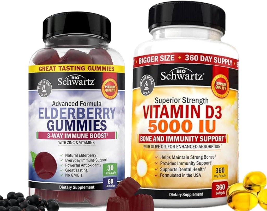BioSchwartz Elderberry Gummies dengan Zinc dan Vitamin C untuk Dukungan Ammune Dewasa (1 Bulan Supply) Plus High Power Vitamin D3 5000 IU 125 mcg (1 Tahun Suppply)