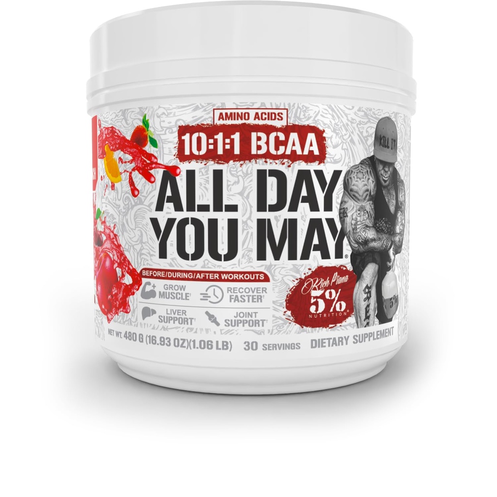 5% Nutrition Rich Piana AllDayYouMay BCAA Powder 124; Premium Intra & Post Workout Acids, Hidration, Endurance, Muscle Recovery, Gabungan & Liver Dukungan 124; 16.93 oz, 30 Hamba (Fruit Punch)