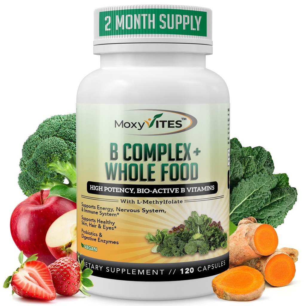 MoxyVites Vitamin B Kompleks - B Vitamin Whole Food Suplemen, B12 Methylcobalamin, B1, B2, B3, B5, B7, B9 - untuk Stress, Energi dan Imune Dukungan, Vegan, 120 Kapsul