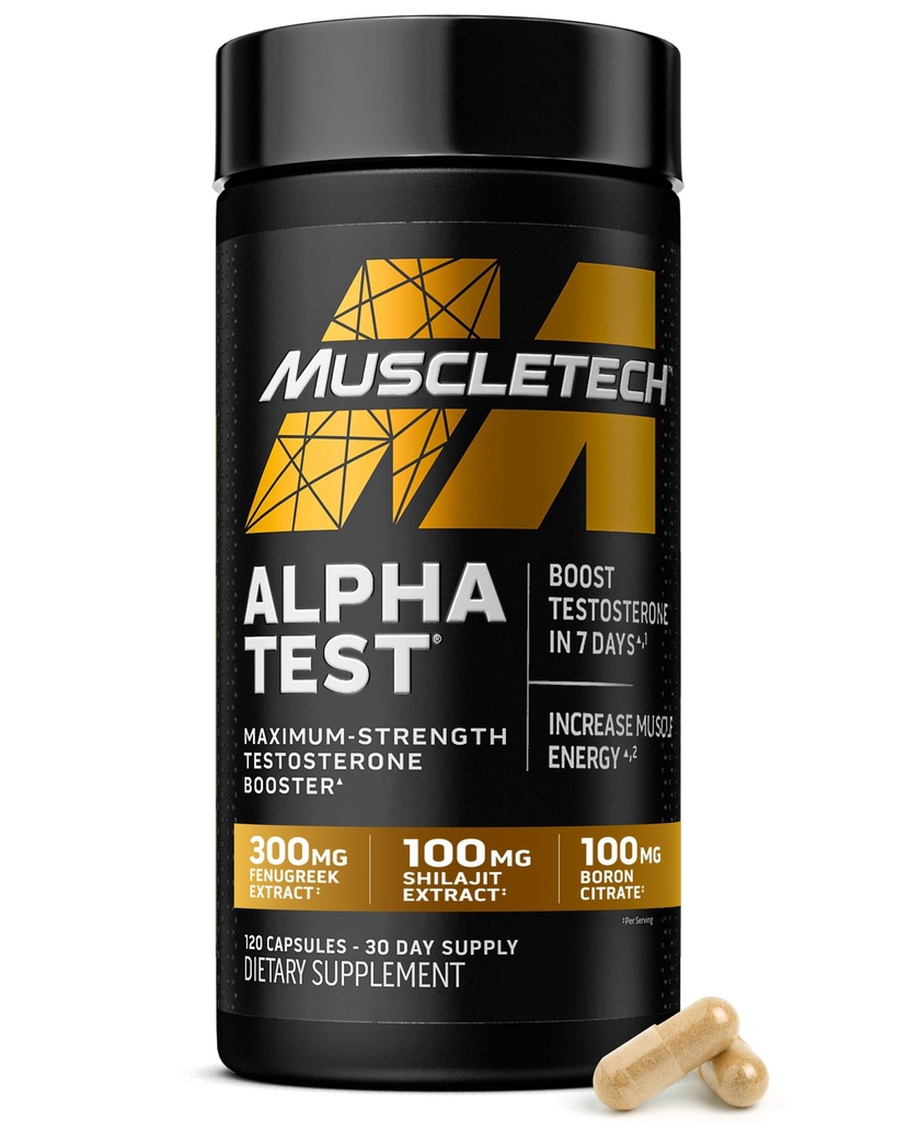 MuscleTech Testosterone Booster for Men, AlphaTest - T-Boost Mens Suplemen dengan Tribulus Terrestris & Boron - Perbaikan Pria Harian Gym untuk Pertumbuhan Otot, Stamina & Energi - 120 Pil