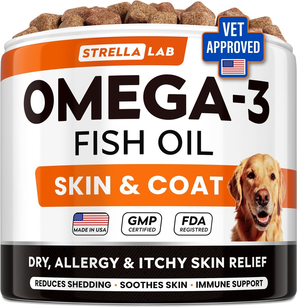 StrellaLab Omega 3 untuk Dogs - (180Ct) Treats Fish Oil - Allergy & Itch Relief Skin & Coat Suplement - Dry Itchy Skin, Anti Shedding & Hot Spots - Pet Salmon Oil Chews - Chicken Flavor