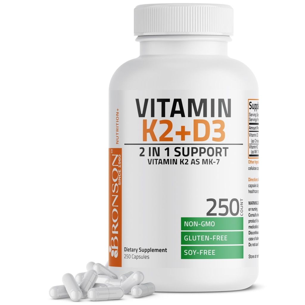 Bronson Vitamin K2 (MK7) dengan D3 Suplemen Non- GMO Formula 5000 IU Vitamin D3 & 90 mcg K2 MK-7 Mudah untuk Swallow D & K Kompleks, 250 Capsules