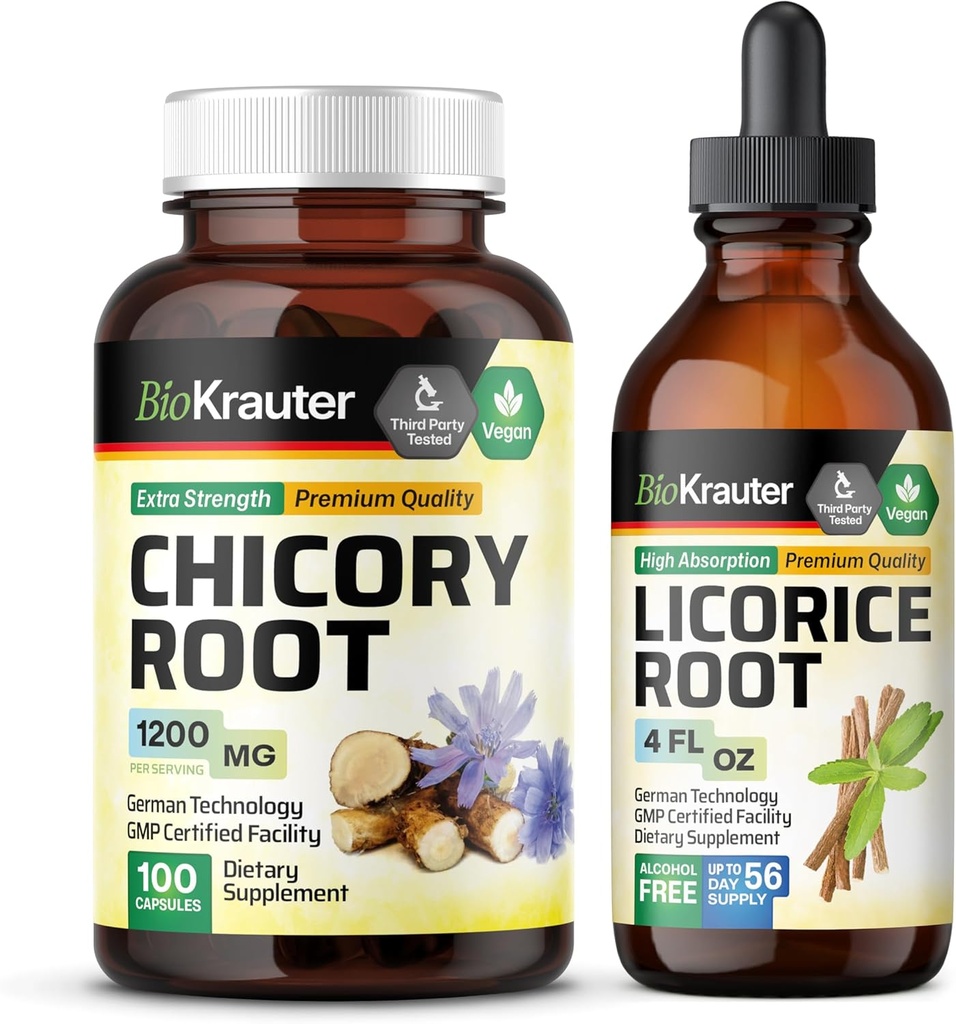 BIO KRAUTER Chicory Root 100 Capsules & Licorice Root Tincture 4 Fl.