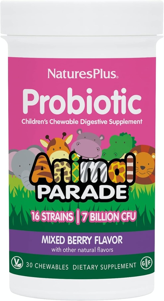 Probiotik Parade Hewan NaturesPlus, Campuran Berry - 30 Chewables - Diffic Suplemen Anak-Anak - Dukungan Kesehatan Gut & Imune Fungsi - Vegan, Gluten Bebas - 30 Hamba