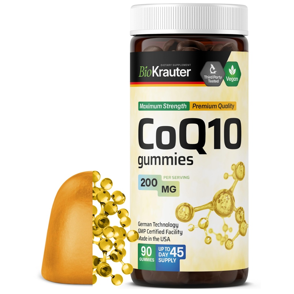BIO KRAUTER CoQ10 200mg Gummies - 90 Vegan Chews - Koenzim Q10 Suplemen - Pectin- Berdasarkan Gummi Antioksidan untuk Dewasa