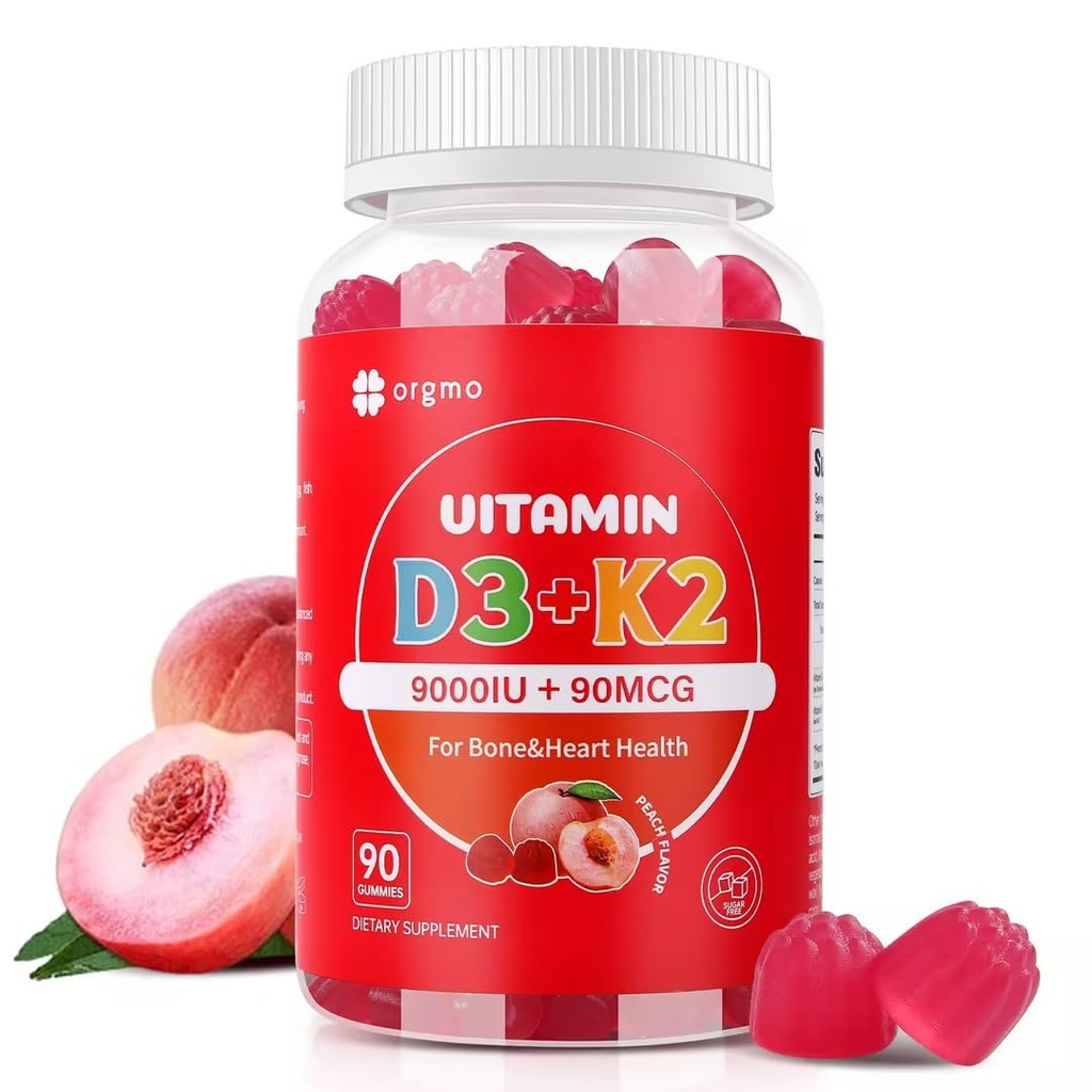 Vitamin D3 K2 Gummies - 90 Count Sugar Free Vitamin D3 9000 IU + K2 (MK-7) 90 mcg untuk Bone & Imune Health, Vegan Chewable K2 D3 Vitamin Suplemen Perempuan (Peach Flavor)