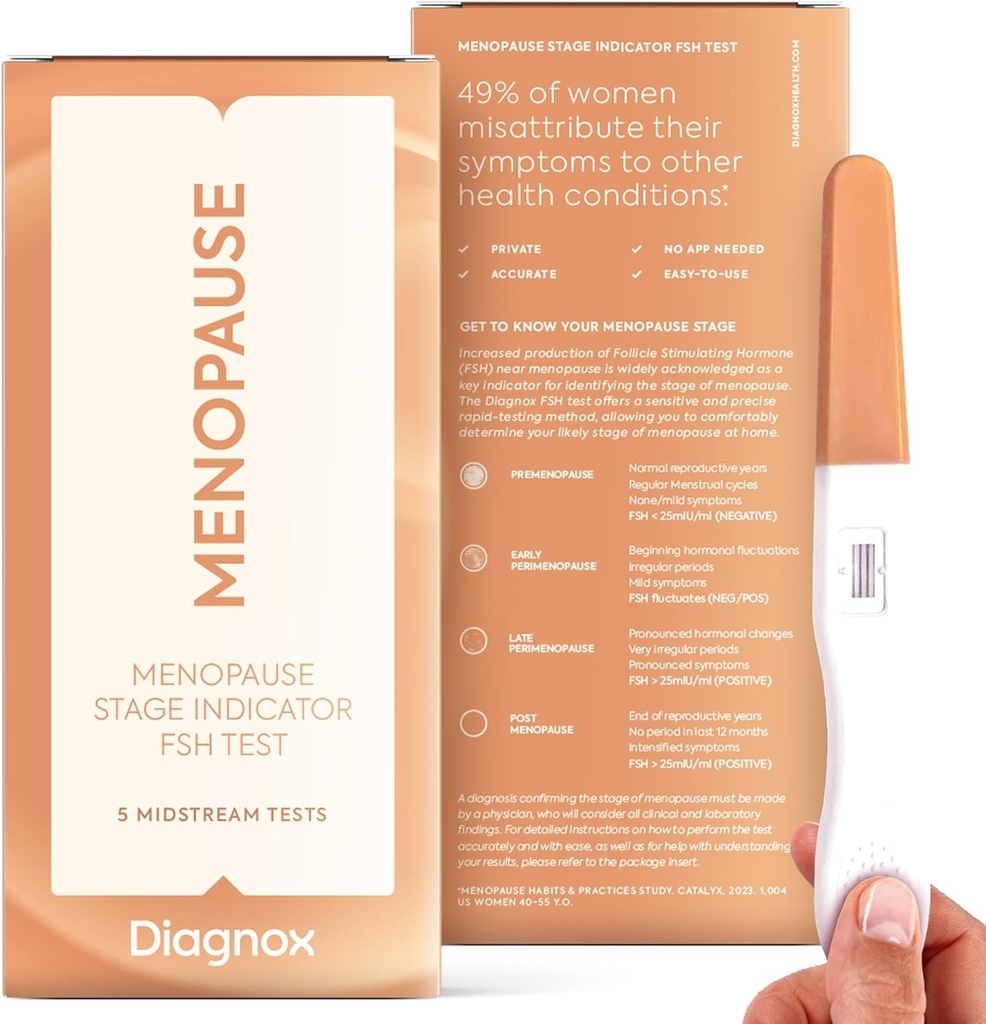 DIAGNOX FSH Menopause Test Kit - 5 Pack Menopause Stage Indicator - Clinical Grade Midstream FSH Uji di Rumah - Tidak Perlu Mobile App