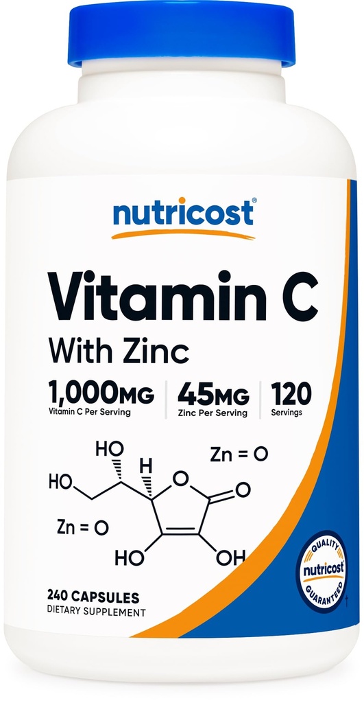 Nuttricost Vitamin C dengan Zinc Kapsul, 120 Pelayan - 1000mg, 45mg Zinc, Non-GMO, Gluten Free Vitamin C Suplemen