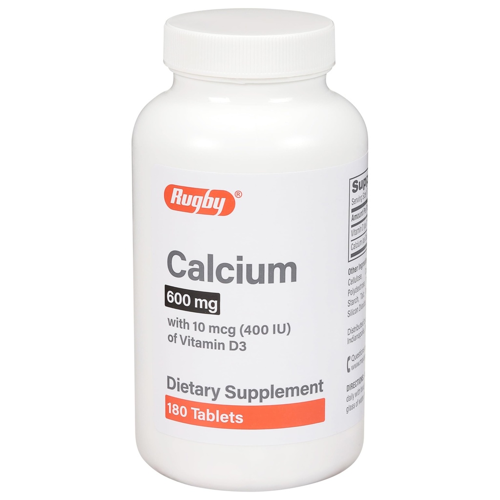 Rugby 600mg Calcium Tablets - Made with 10mcg (400IU) of Vitamin D3 - Diet Supplemen - 180 Count (1 Pack)