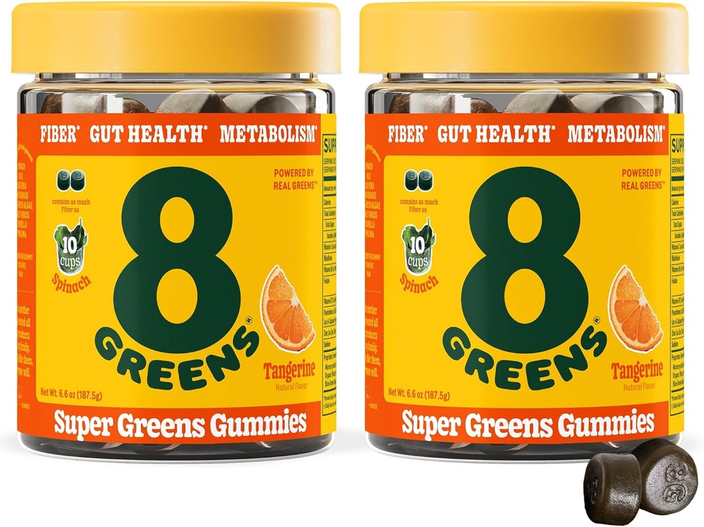 8Greens Daily Fiber Super Greens Gummies - Tangerine Flavor: Boost Immune System & Digetical Health with 8 Real Greens - Non-GMO Formula, Chewables, 50 Vegan Gummies, Pack 2