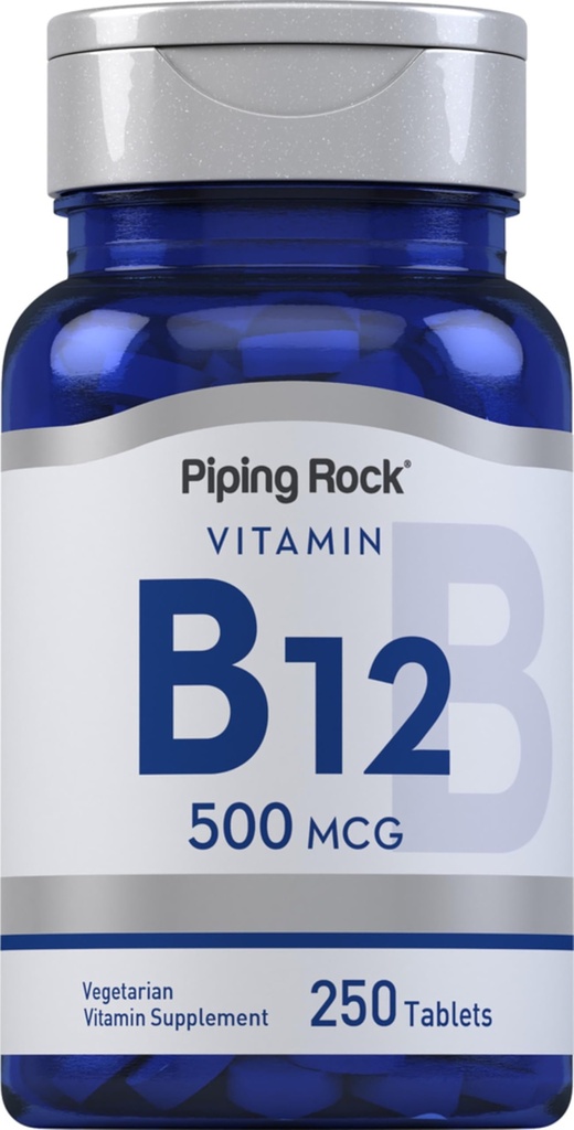 Piping Rock Vitamin B12; 500 mcg 124; 250 Tablet 144; Tambahan untuk Perempuan dan Pria 124; sebagai Cyanocobalamin 124; Vegetarian, Non-GMO, Gluten Bebas