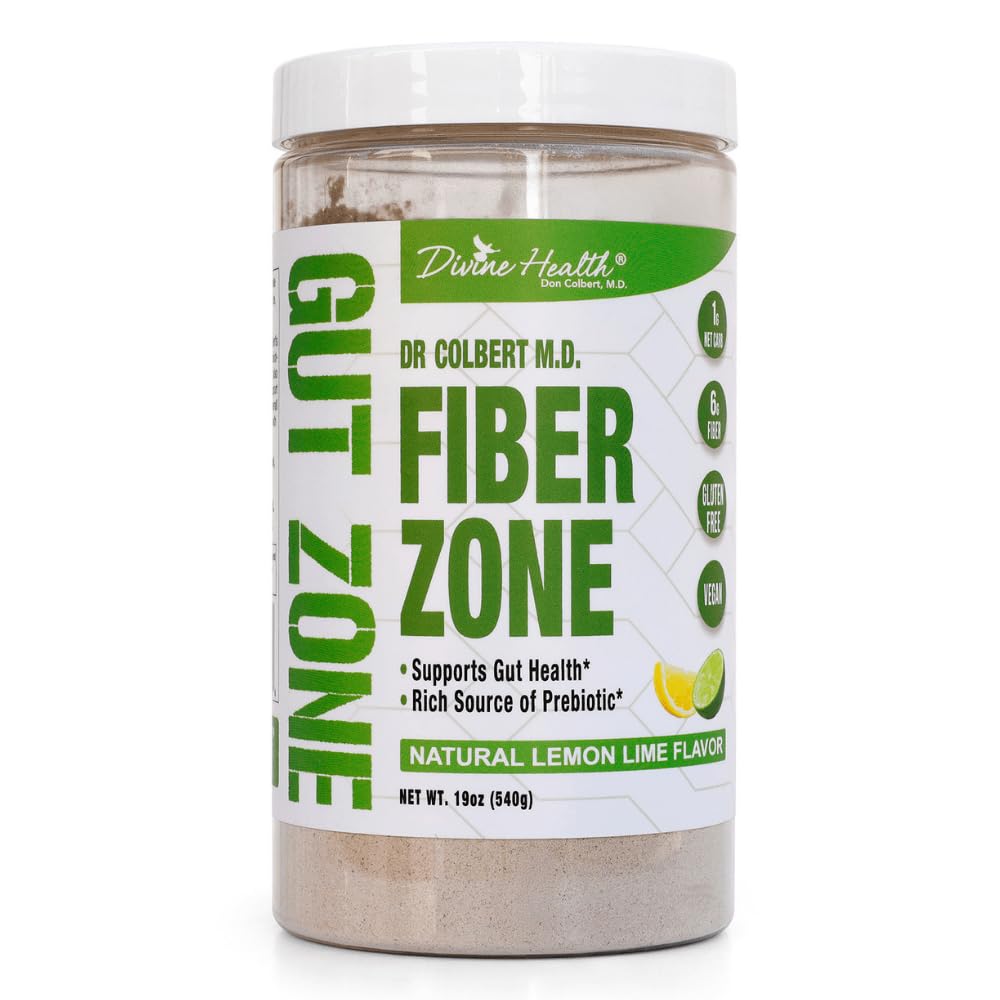 Divine Health Dr. Colbert, MD Fiber Zone Powder 124; Lemon- Lime Flavor Pregories 124; 6g Psyllium Husk Inulin Fiber 124; Rekomendated in Healthy Gut Book 124; 19 oz 124; 60