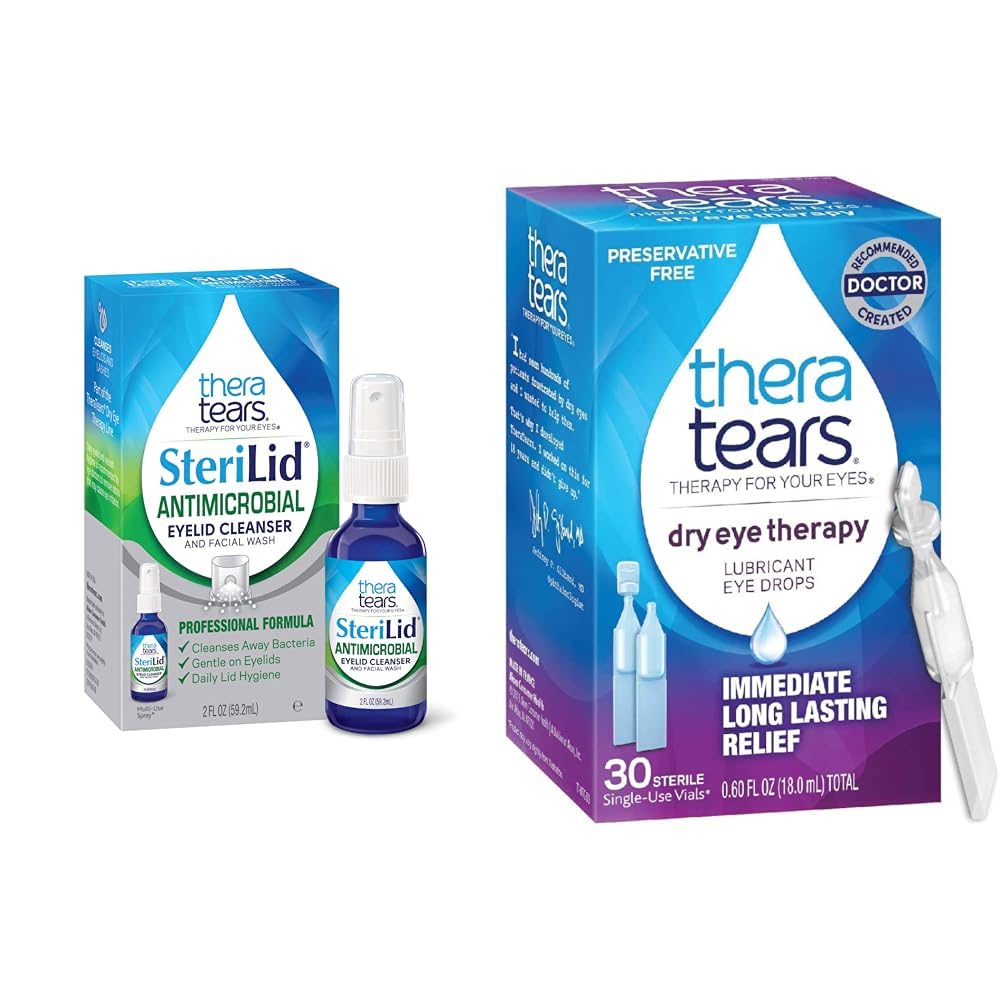 TheraTears SteriLid Eyelid Cleanser and Dry Eye Therapy Lubricant Eye Drops Bundle, 2 fl oz dan 30 Vials