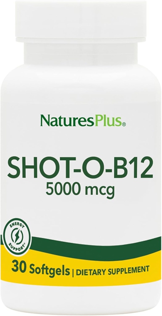 Natures Plus Shot-O-B12 (Cyanocobalamin) - 5000 mcg, 30 Softgels - Potensi Tinggi, Tambahan B12 Akting Cepat - Memori & Energy Booster - Gluten-Free - 30 Servings