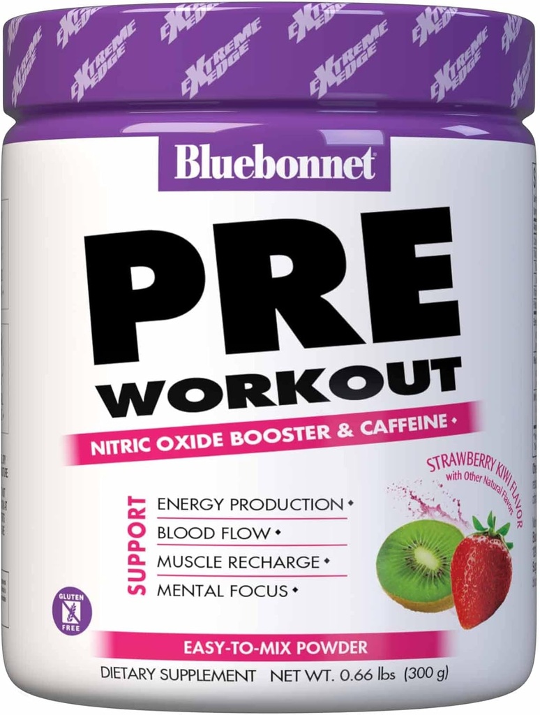 Bluebonnet Nutrition Extrition Edge Pre Workout, Muscle Recharging Formula *, Increases Nitric Oxide (NO) Levels *, Soy- Free, Dairy- Free, Strawberry Kiwi, 30 Servings, 10.56 Ounce