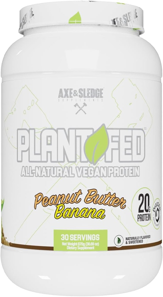 Axe & Sledge Plant Fed Vegan Powder = 124; 20g All Natural Protein, Alamiah Flavored, Sweetened & Colored 144; Low Carb, Zero Sugar, Macro-Friendly 124; Keto 124; 30 Servings, Peanut Butter Banana