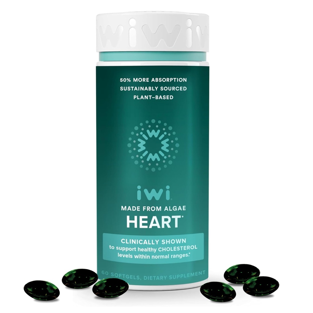 Iwi Life Heart Omega-3, 60 Softgels (30 Pelayan), Tanaman Vegan - berbasis Alga Omega Fatty Acids + EPA, Kesehatan Hati Dukungan Diet Supppplemen, Krill & Fish Oil Alternative, No Fishy Aftertaste