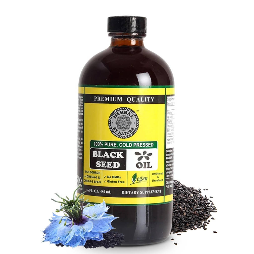 Minyak Benih Hitam Murni - 100% Pure Nigella Sativa - Dingin Menekan - Vegan - Non GMO - 16 oz - dalam Botol Kaca - Herbal oleh Alam
