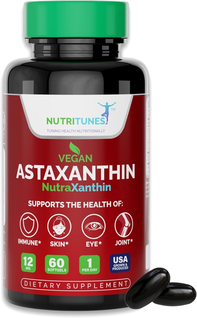Astaxanthin 12mg Vegan Softgeels - Potatency Antioksidant Tinggi untuk Skin, Eye & Imune Dukungan - Non-GMO, Bebas Gluten, Soy, Laktosa & BSE, 60 Vegan Softgels, Penyesuaian Dua Bulan